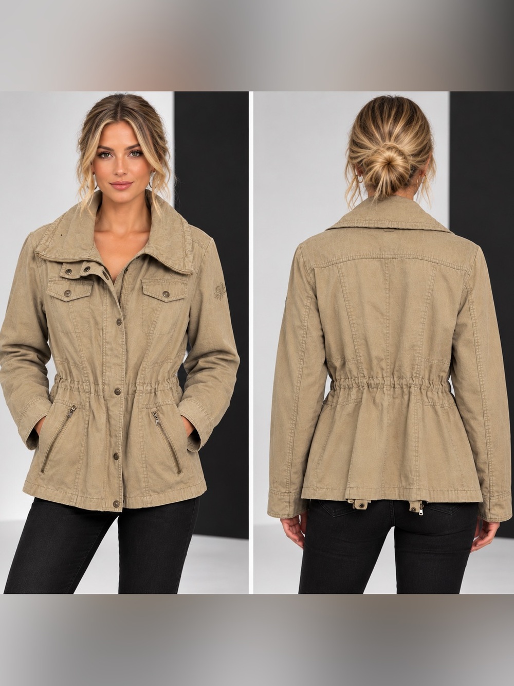 GUESS Women's Beige Drawstring Waist Utility Jacket